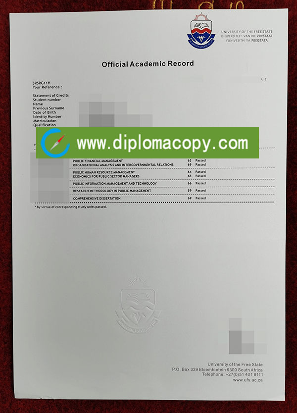 Buy University of the Free State fake transcript