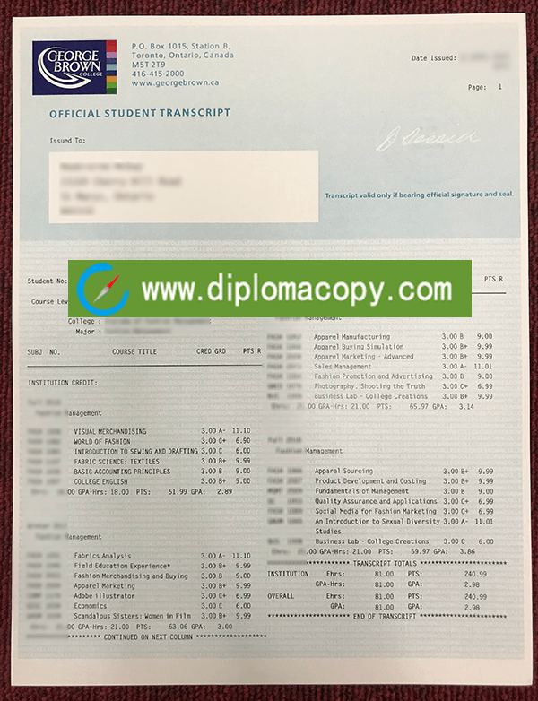 Buy fake George Brown College transcript