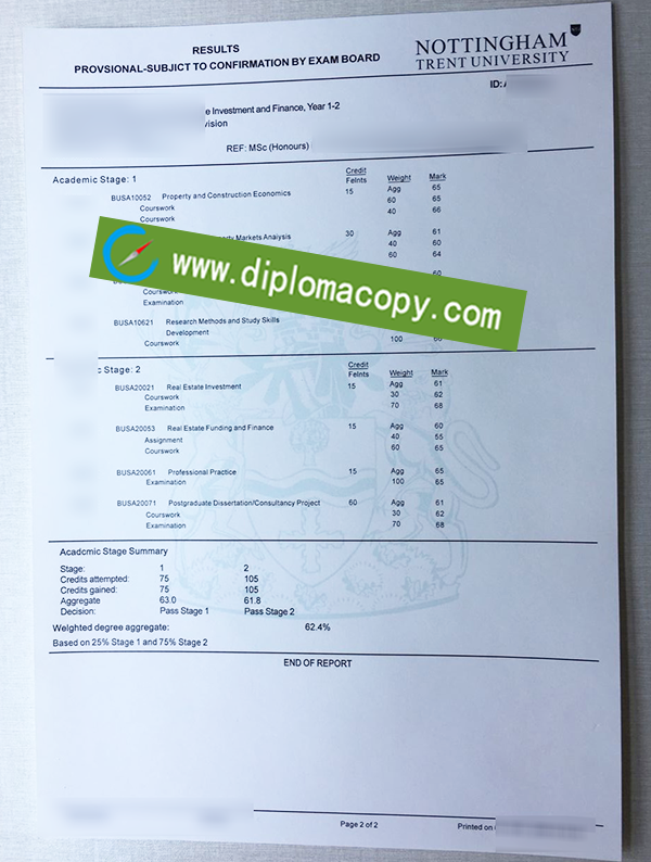 Nottingham Trent University fake transcript, Nottingham Trent University fake diploma