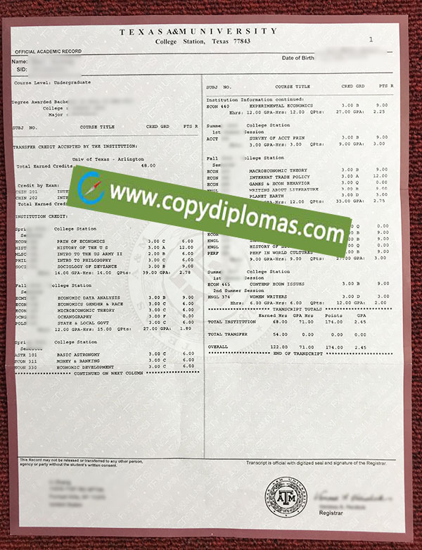 Texas A&M University transcript
